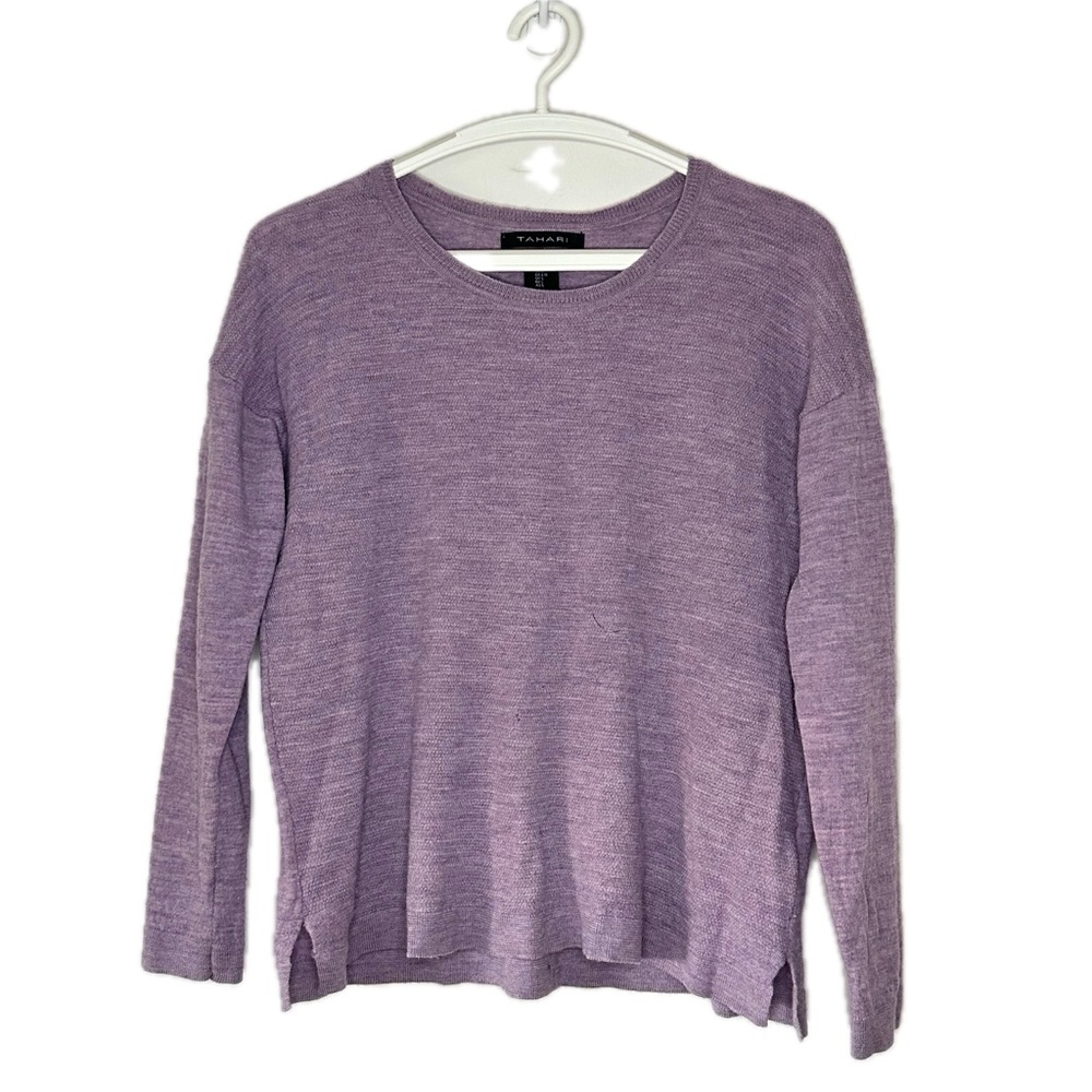 Tahari Merino X-Fine Wool Lavender Sweater Back Button Round Neck Women Large